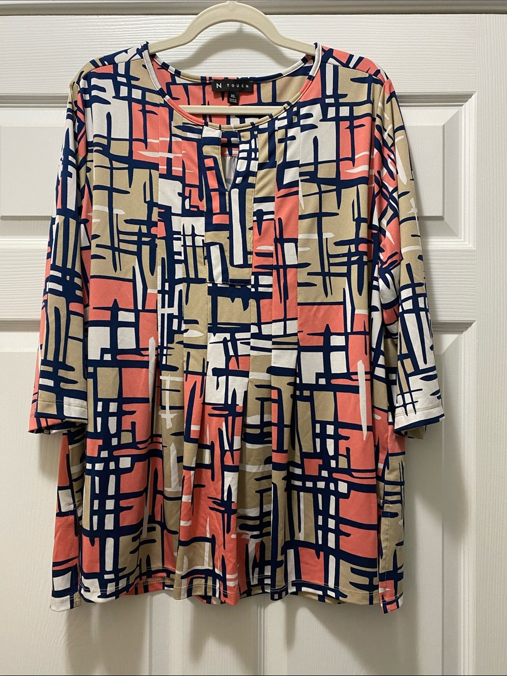 Women's Geometric Print Tunic Dress - Coral, Navy & Tan